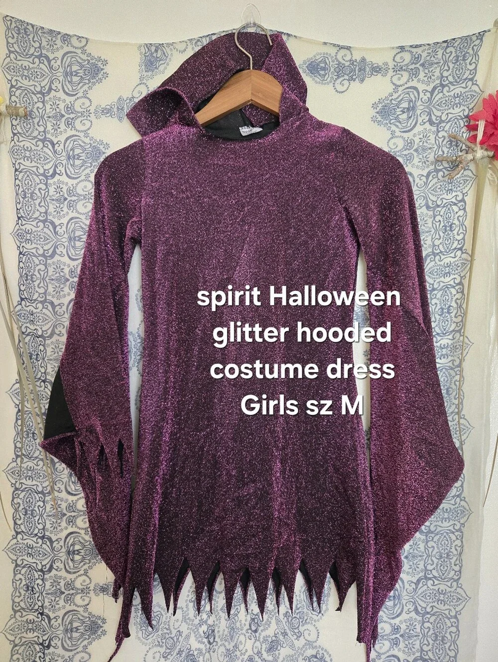 Spirit Halloween Purple Glitter Hooded Witch Costume Dress Girls M